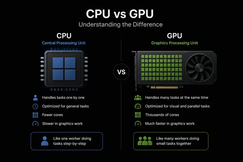 CPU vs GPU diagram showing GPU Uses in Multimedia