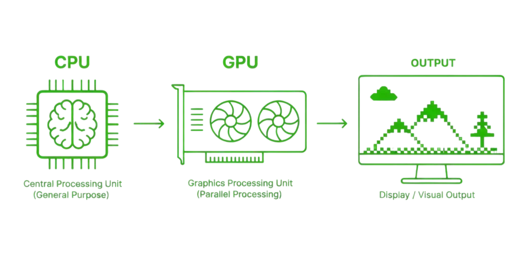CPU vs GPU meaning difference diagram showing how a GPU handles graphics